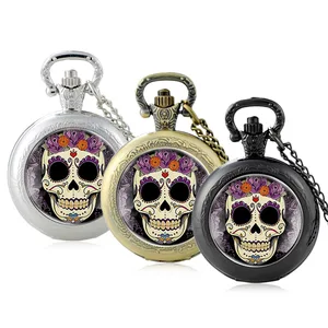 Silver Steampunk Flower Skull Design Glass Cabochon Quartz Pocket Watch Vintage Men Women Pendant Necklace Chain Clock