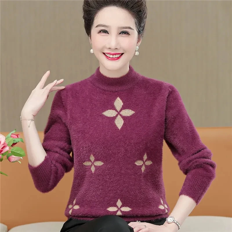 

Middle-aged Womens Mink Velvet Sweaters Autumn Winter Fashion Hot Drilling Knitting Pullovers Mother Clothing Thicken Base Shirt