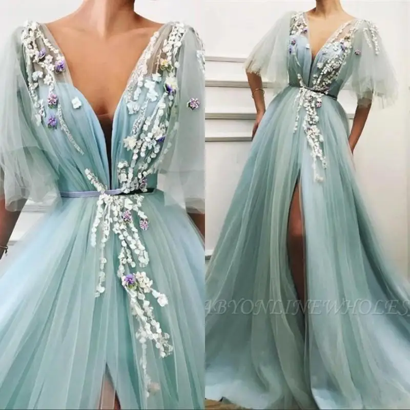 Sexy 2021 African Evening Dresses Deep V-neck High Split Prom Dresses Hand Made Flowers Formal Party Evening Pageant Gowns