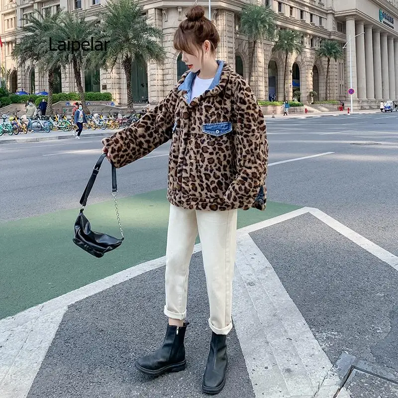 Neue winter Koreanische version lose und dünne leopard druck nachahmung kaninchen pelz beide seiten tragen denim jacke