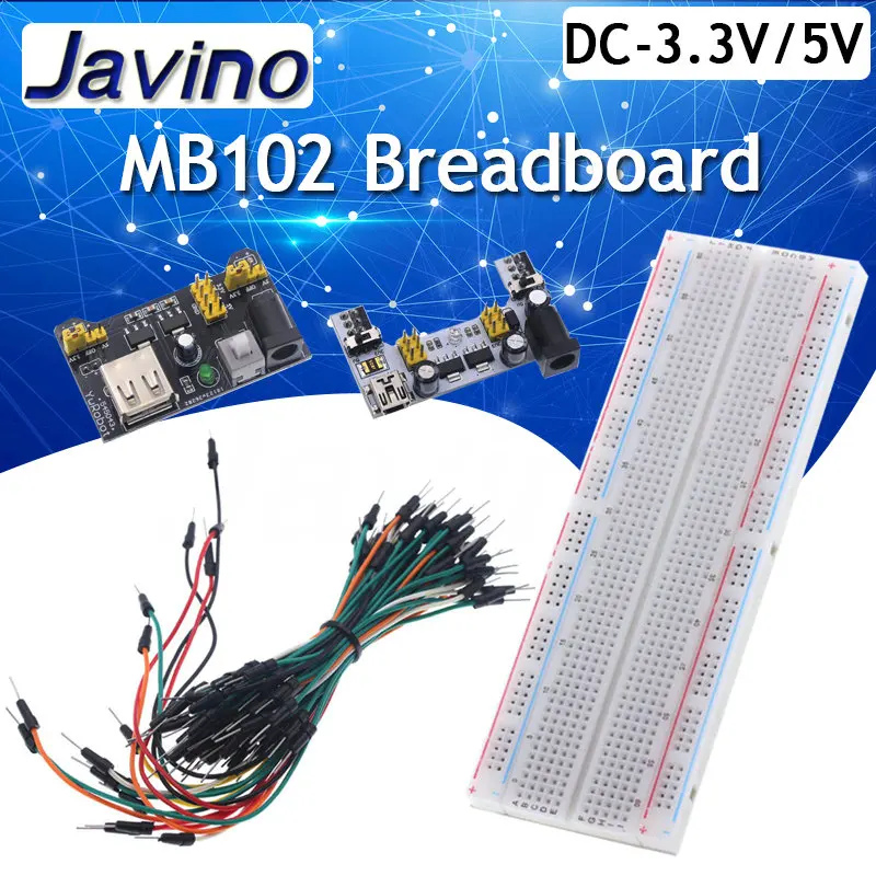 3,3 V/5 V MB102 moduł zasilania płytki prototypowej + MB-102 830 punktów prototyp bez lutowania zestaw płytki prototypowej do chleba + 65 elastycznych przewodów połączeniowych zestaw do samodzielnego montażu