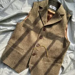 Brązowy garnitur męski kamizelki czarny kamizelka kamizelka mężczyzna kurtka Steampunk paski Tweed dekolt Slim Fit kamizelka Homme odzież ślubna