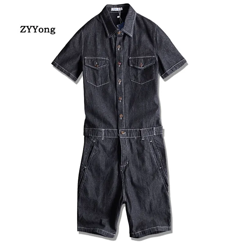 

Summer Men Denim Jumpsuit Lapel Short-Sleeve Alphabet Cartoon Printing Overalls Hip-Hop Streetwear Jeans Short Cargo Pants