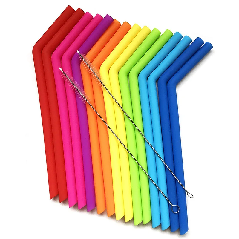 15 pack Reusable Silicone Straws Flexible Easy to Clean with 2 Cleaning Brushes BPA Free No Rubber Taste Drinking