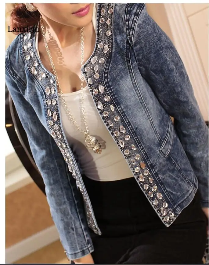 

Fashion Elastic denim rhinestone paillette vintage short denim jacket top Loose Embroidered Jeans Coat Jacket Female