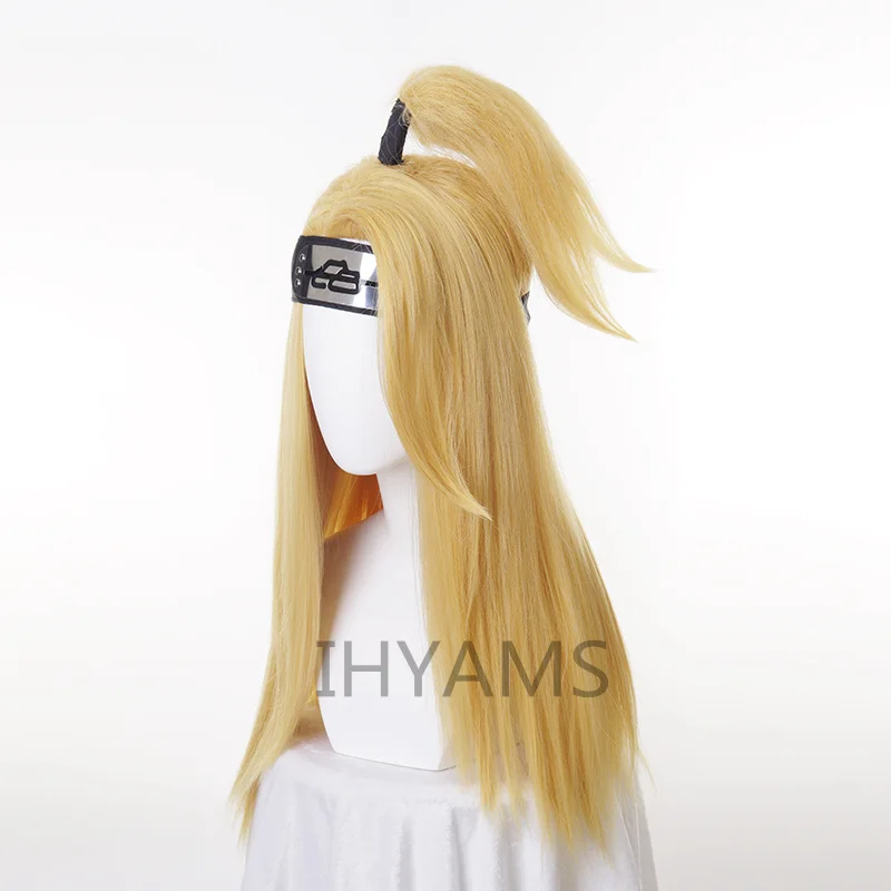 Akactuki Cosplay Pruiken Halloween Deidara Cosplay Pruik Voor Mannen Lange Gouden Pruiken Synthetisch Haar + Hoofdband + Pruik Cap