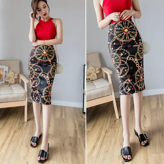 

Spring/Summer Latest European and American Style All-Matching Printed High Waist Hip-Wrapped Slit Mid-Length Skirt Women's