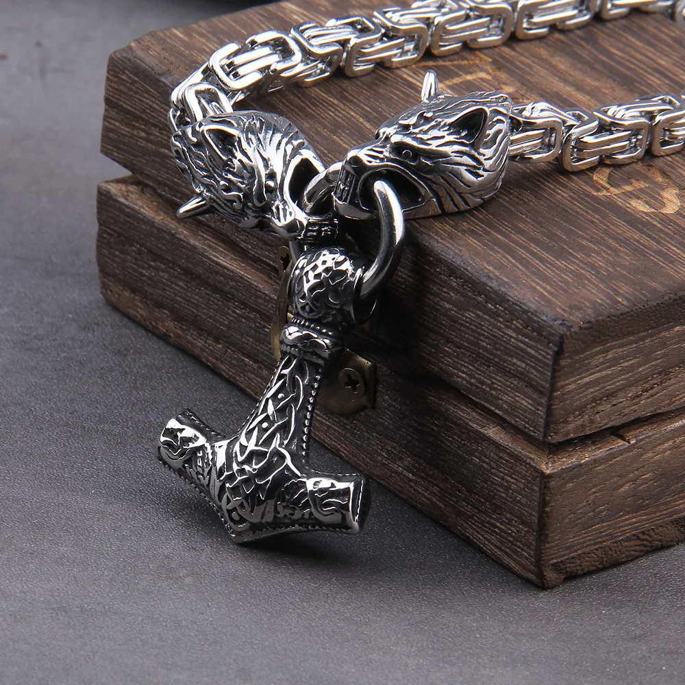 Stainless Steel Wolf Head with Square Chain Necklace thor's hammer mjolnir viking necklace  with wooden box as boyfriend gift