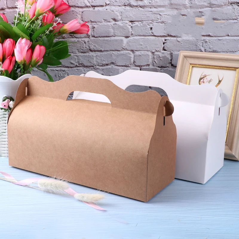 

50PCS Kraft Gift Box With Handle Tray Cake Roll Paper Packaging Birthday Wedding Gift Box Party Favors Diy Baking White Black