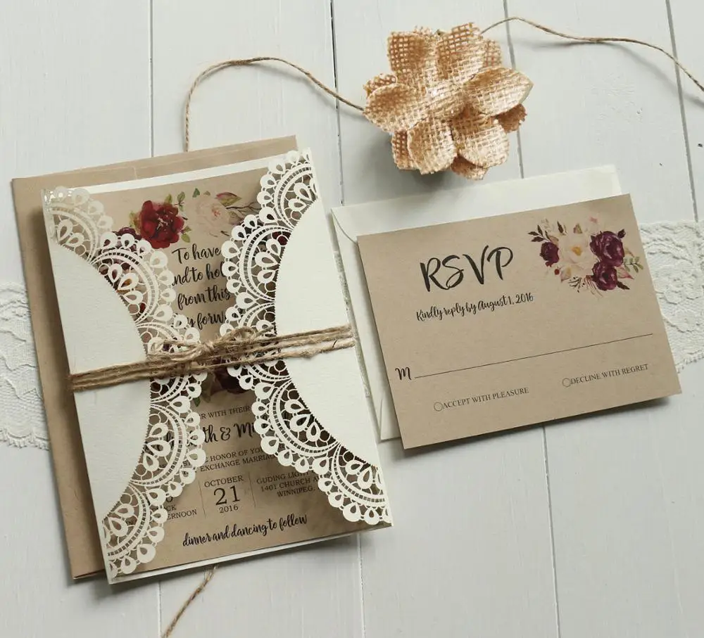 

Off White Lace Wedding Invitations Set RSVP Cards Included Rustic Kraft Paper Invitation Cards - Set of 50 pcs