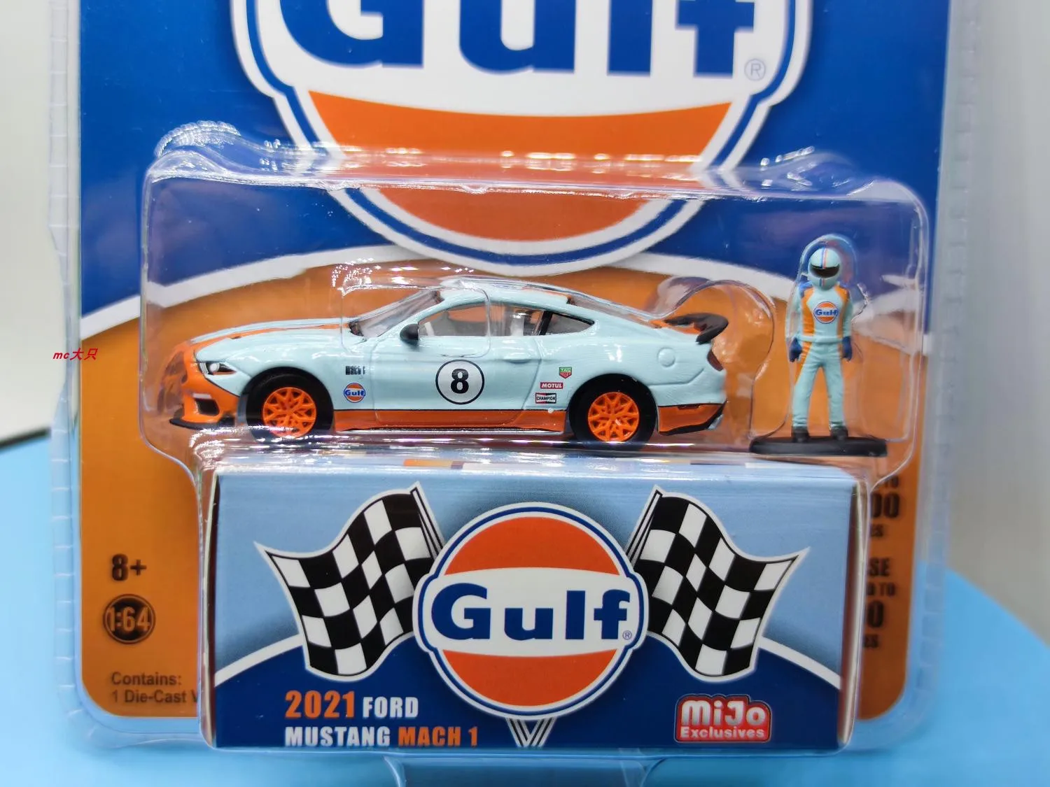 NEW GREENLIGHT 1:64 2021 Ford Mustang Macn 1 gulf #8 Limited custom collection die-cast alloy car model with GULF dolls