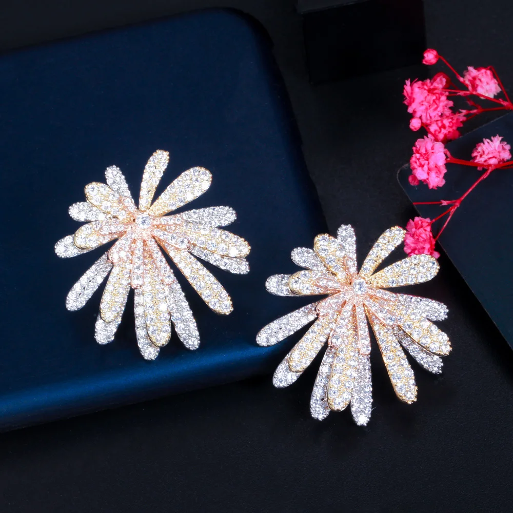 CWWZircons 3 Tone Gold Color Multi Layer Firework Flower Cubic Zircon Big Luxury Earrings for Women Wedding Bridal Jewelry CZ887