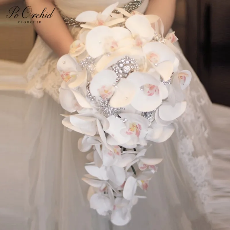 

PEORCHID White Orchid Wedding Brooch Bouquet Luxury 2020 Artificial Silk flower Crystal Bride Waterfall Bouquet Dama Honor