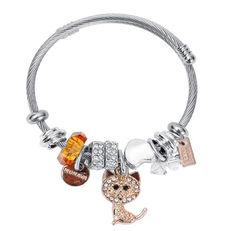 Fashion Cat Charm Bracelet  Lady Jewelry High Quality Open Size Stainless Steel Bracelet