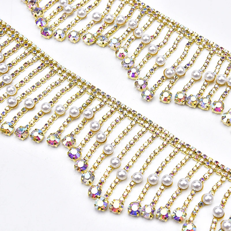 High-Grade Rhinestone Tassel Fringe Trim Pearl Crystal Dense Chain Applique For Craft Wedding Costume Accessories Diy Decoration