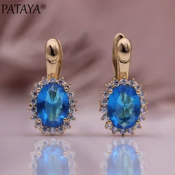 PATAYA New Oval Blue Natural Zircon Drop Earrings Women Fashion Jewelry Wedding Sunflower 585 Rose Gold Color Unique Earrings