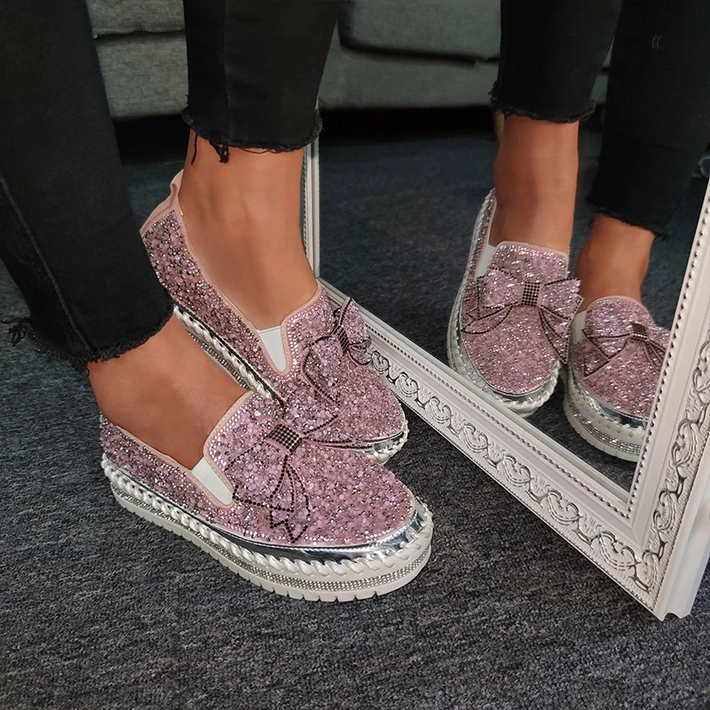 

Pink Women Shining Rhinestone Loafers Bowknot Slip-on Thick Botton Casual Ladies Crystal Shoes Female Platform Shoes