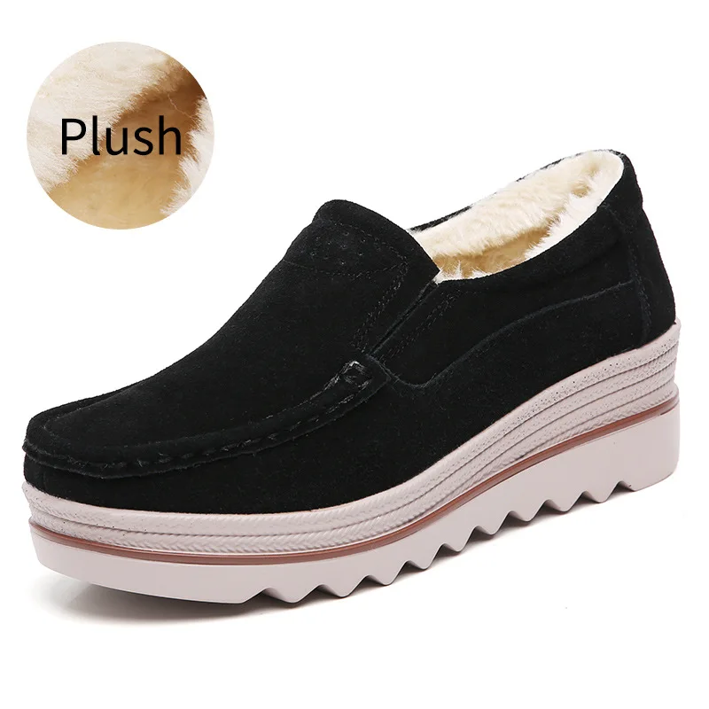 2020 Shoes Women Winter Warm 100% Genuine Leather Flat Shoes Casual Loafers Slip on Women\'s Flats Plush Shoes Moccasins Lady