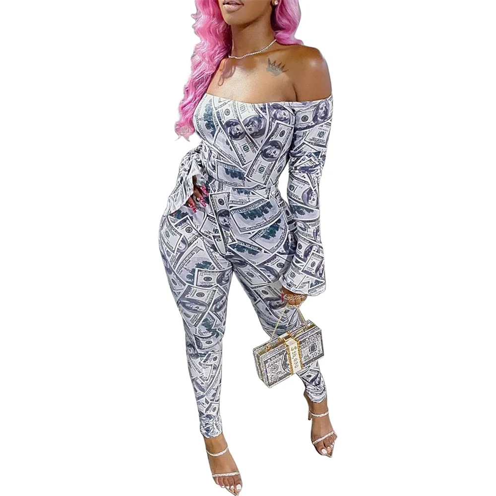 

Women Romper Fall Sexy Fashion Off Shoulder Jumpsuit Tight Elastic Flare Long Sleeve Home Gym Dollar Pattern Jogger Rompers