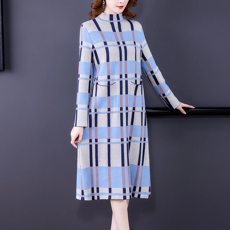 2024 Winter Blue Striped Wool Sweater Midi Dress Autumn New Vintage Knitted Tultleneck Pullovers Women Elegant Bodycon Sweaters