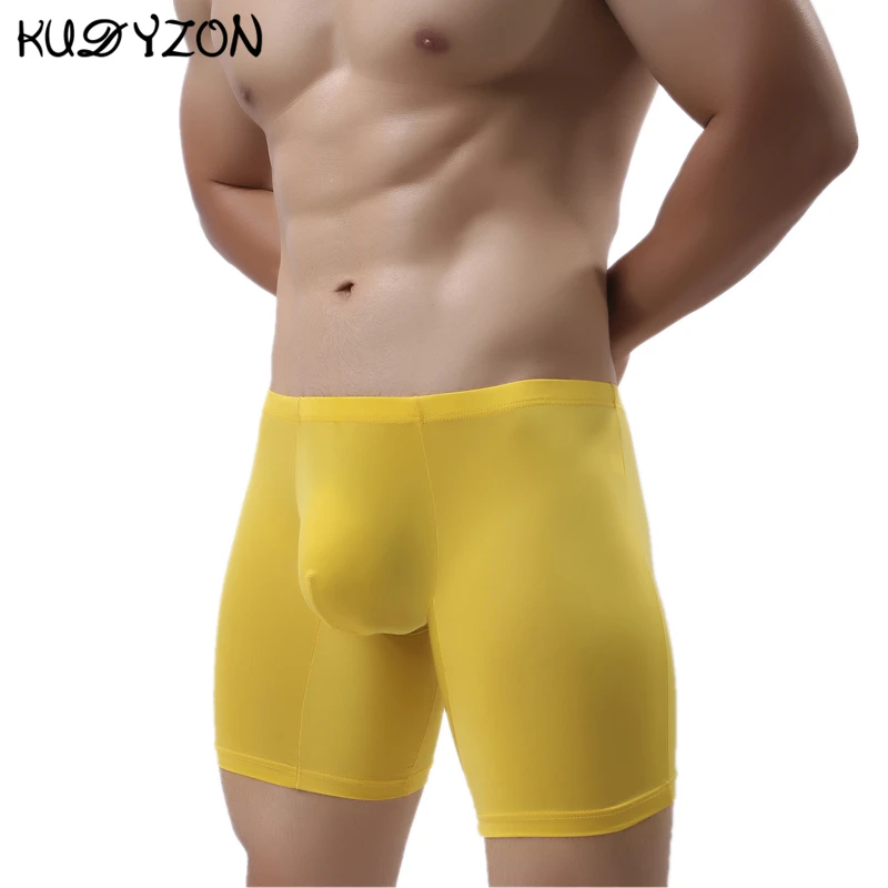 Ice Silk Long Men Boxer Low Waist Solid Men Underwear Boxer Shorts Long Leg Boxers Underpants Sexy U Pouch Boxer Underwear