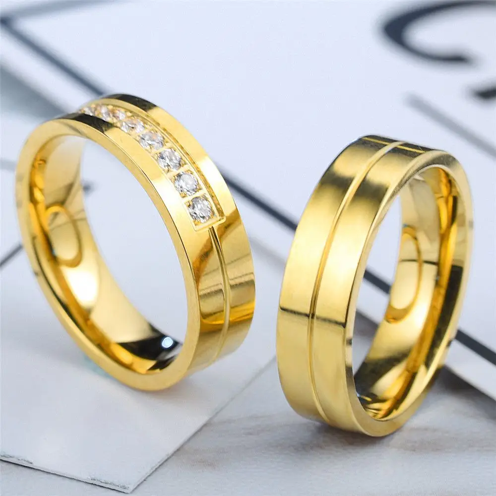 Fashion 1PC Women Men Wedding Band Rings For Love 18K Gold Plated AAA CZ Cubic Zirconia Stainless Steel Couples Ring