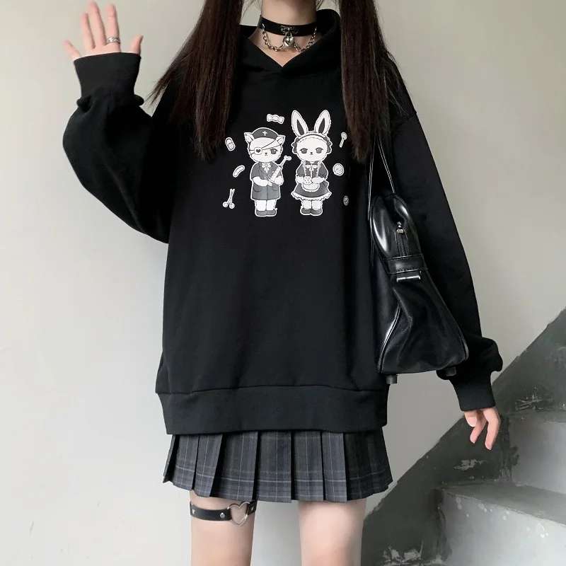 Harajuku Lose Langarm Tops Frauen Hoodie Japanischen Druck Pullover Plus Größe Schwarz T Vintage Schwarz худи Vintage Dropshipping