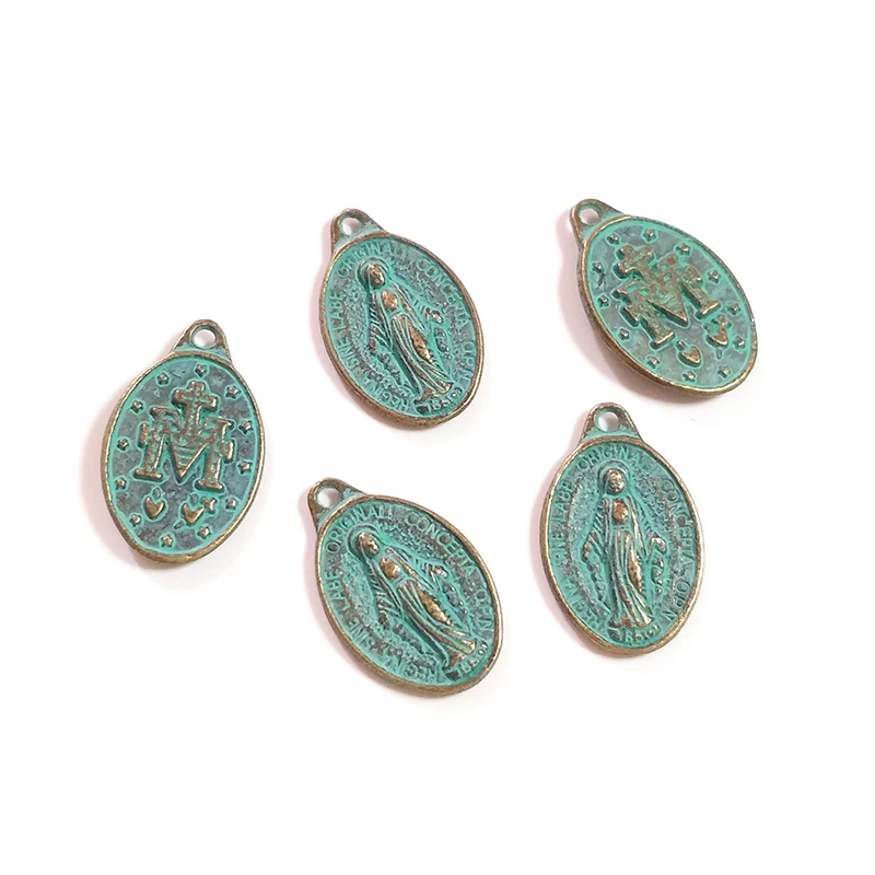 10pcs/bag Retro Patina Plated Zinc Alloy Green Oval Virgin Mary Charms 16*25MM For DIY Necklace Accessories