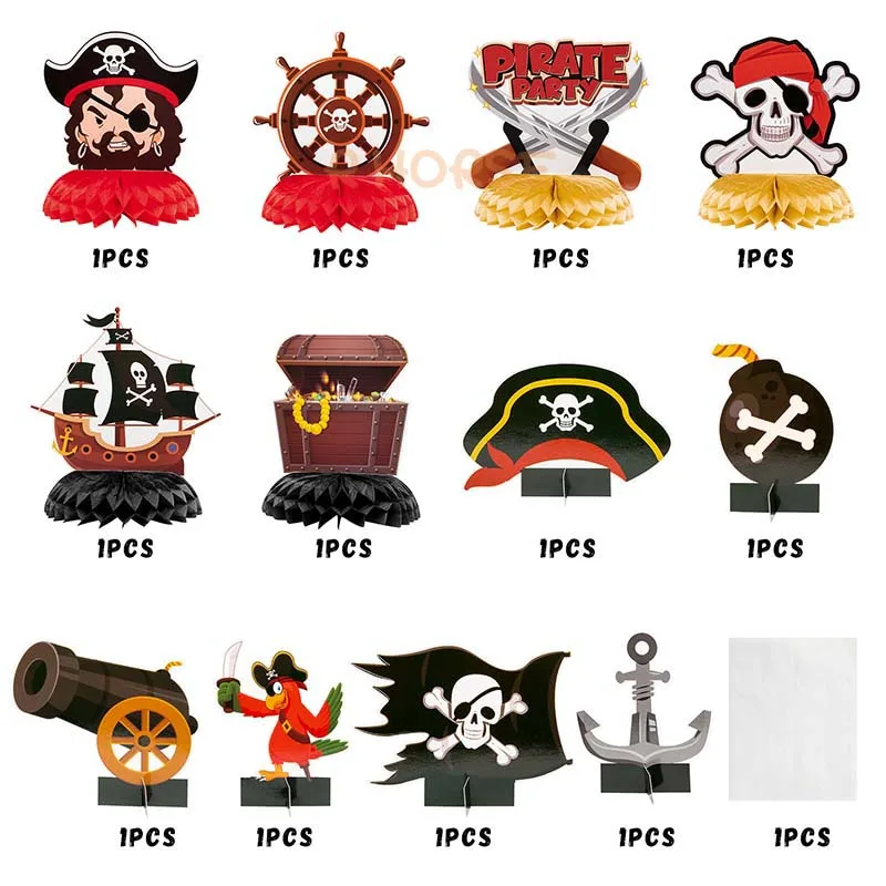 12Pcs โจรสลัดลูกรังผึ้ง Centerpieces สำหรับเด็กตกแต่งตาราง Topper Captain Treasure Chest เด็กอาบน้ำ