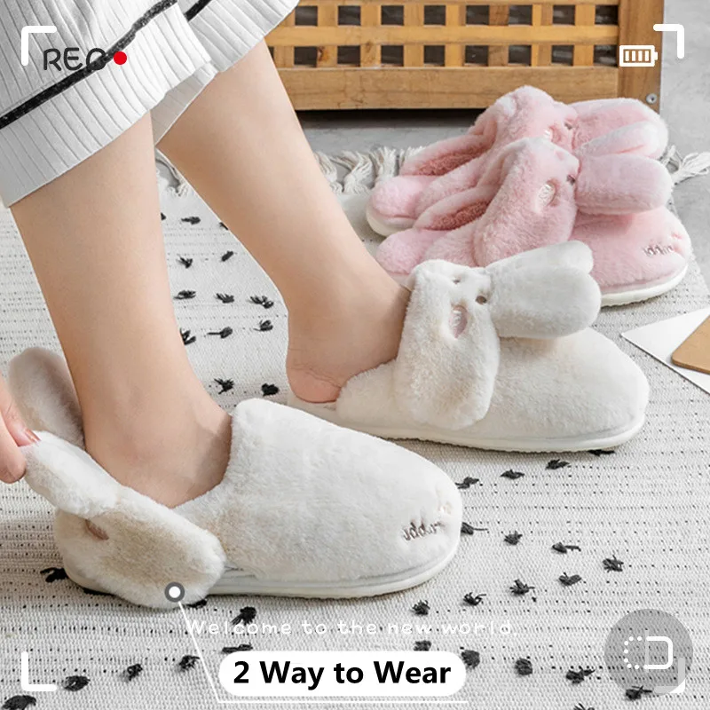 

2024 Indoor Cotton Slippers Women Men Winter Warm Shoes Soft Plush Cute Cartoon Rabbit Bear Female Male Home Floor Footwear