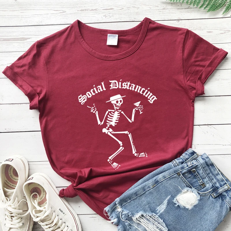 Social Distancing Skeleton Drinking T-shirt Aesthetic Quarantine Tee Shirt Top Sarcastic Women Graphic Introvert Tshirt