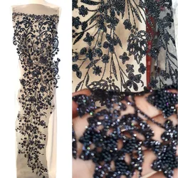 Long Stick on Black Small Beads Mesh Fabric Sew on Couture Diy Appliques Patches For Clothes Prom Costumes Wedding Decorations