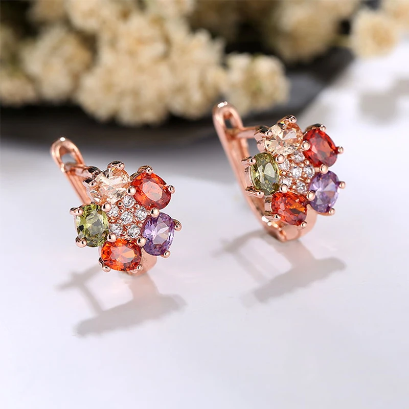 HUAMI Hoop earrings Fashion Wedding Jewelry Accessories Colorful zircon sweet flower colorful crystal wedding party jewelry