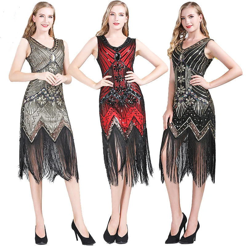 

Great Gatsby Dress 1920s Vintage Flapper Sequined Embellished Fringed Dress Sleeve Midi Party Art Deco Double Lady Summer dress