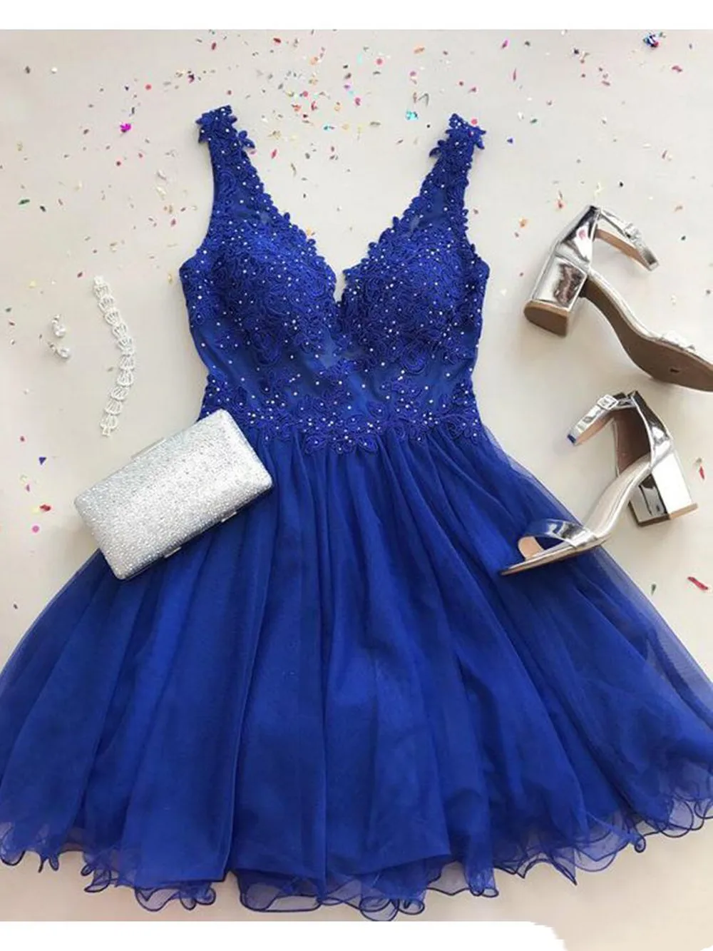 Vestido de fiesta de gasa azul real, vestidos de fiesta elegantes con cuentas cortas, vestidos de fiesta de encaje