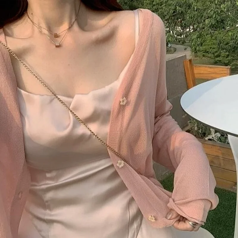 Cardigan Women Long Sleeve Crop Tops Solid Summer Thin Sun-proof Loose Outwear V-neck Knitted Korean Style Girls Elegant Lovely