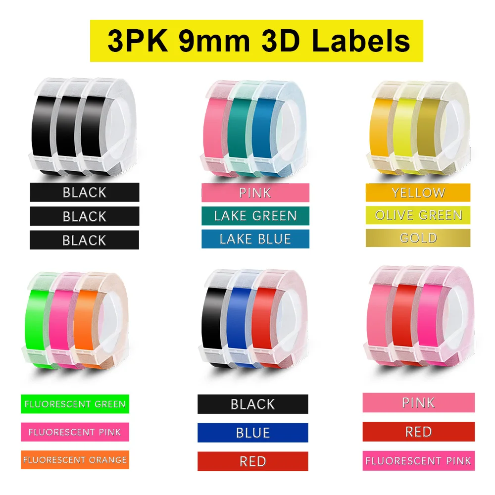 Labelwell 3PK 9mm Multicolor Replace for Dymo 3D Embossing Label Tape For Dymo 12965 Motex E-101 1610 1540 1880 Label Machine