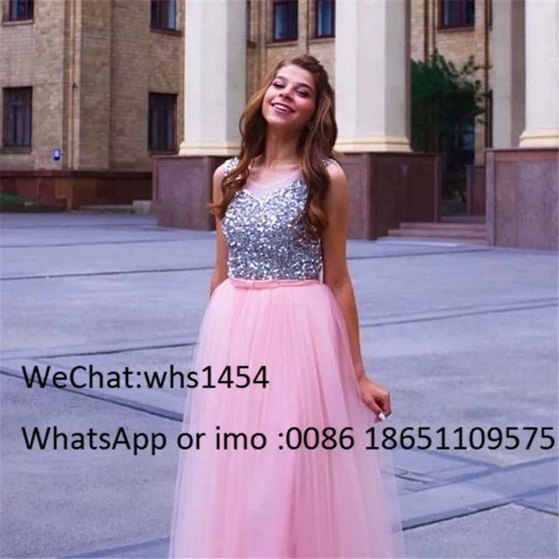 Mbcullyd Pink Tulle Prom Dresses Long 2023 Stunning Beading Formal Evening Dress For Women Sheer Scoop Neck Robe De Soiree