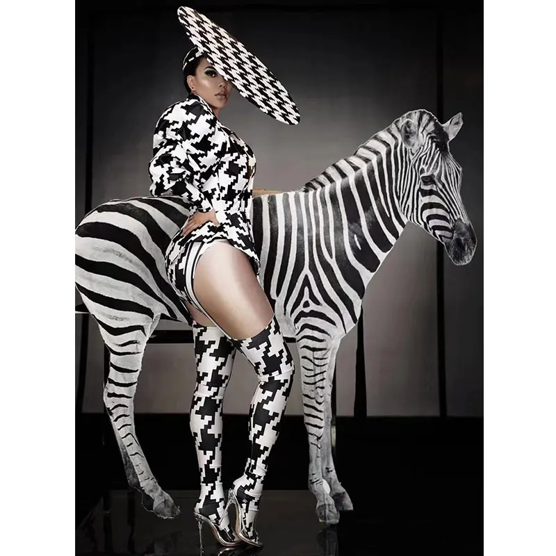 Bar night club Party Celebrate Stage Wear Zebra Puff Sleeve Bodysuit Performance Outfit Costume sets