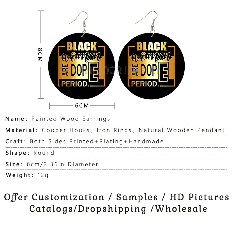 SOMESOOR Jesusis Poppin Melanin Wooden Drop Earrings Black America History Sayings Printed Dope Loops Dangle Jewelry For Women