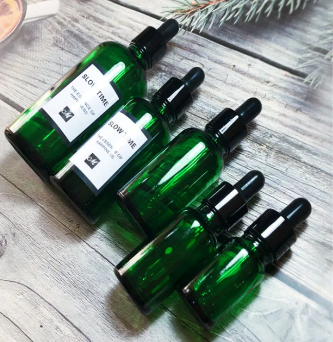 

100Pcs 10 15ml 20 30 100ml Green Glass Liquid Reagent Pipette Bottles Eye Droppers Aromatherapy Essential Oils Perfumes Bottle