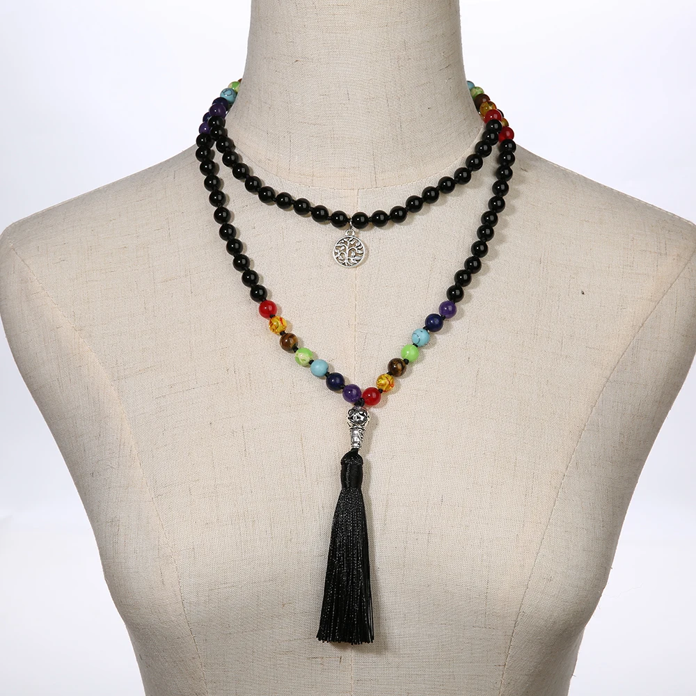 108 Japa Mala 7 Chakra Natural Stone Beaded Knotted Necklace Yoga Blessing Meditation Jewelry with Tree of Life Tassel Pendant