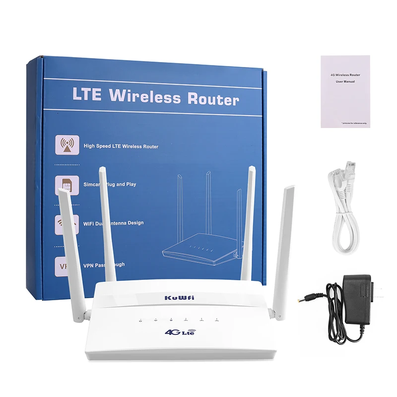 KuWFi 4G LTE Wifi Router 300Mbps Wireless Router With SIM Card Slot Four External Antennas Wifi Repeater Support 32 WiFi Users