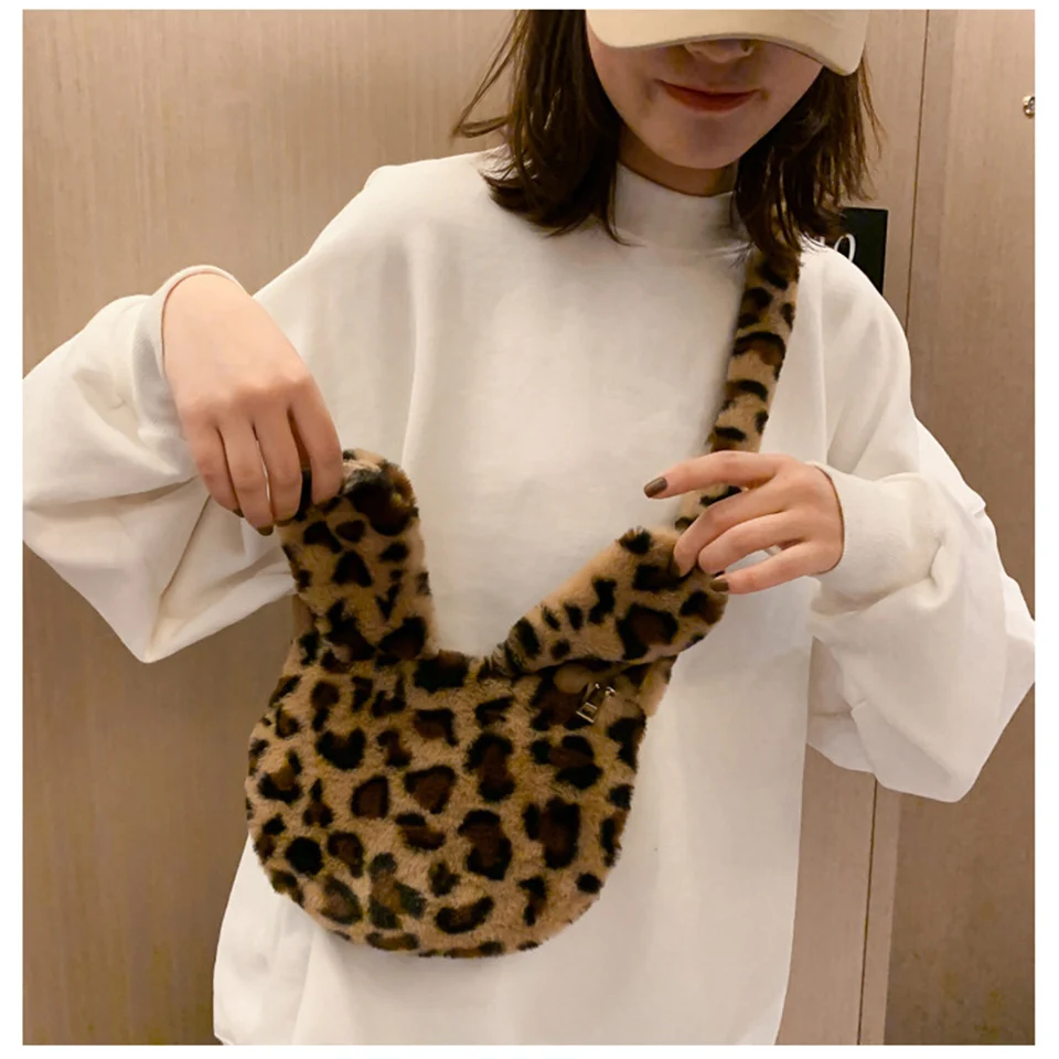 Leopard Print Faux Fur Women Shoulder Bag With Rabbit Ears Soft Winter Cute Plush Hand Bags For Women Fluffy Crossbody Bag Sac