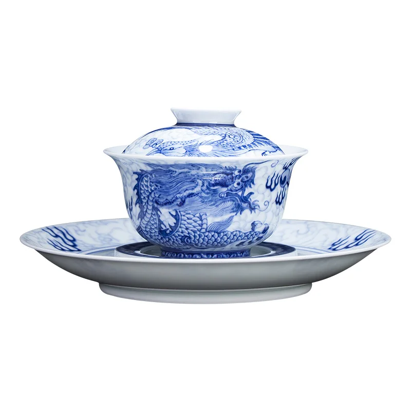 |bowl tea cup hand painted blue and white dragon and Phoenix tray cover bowl all handmade Jingdezhen kungfu tea set