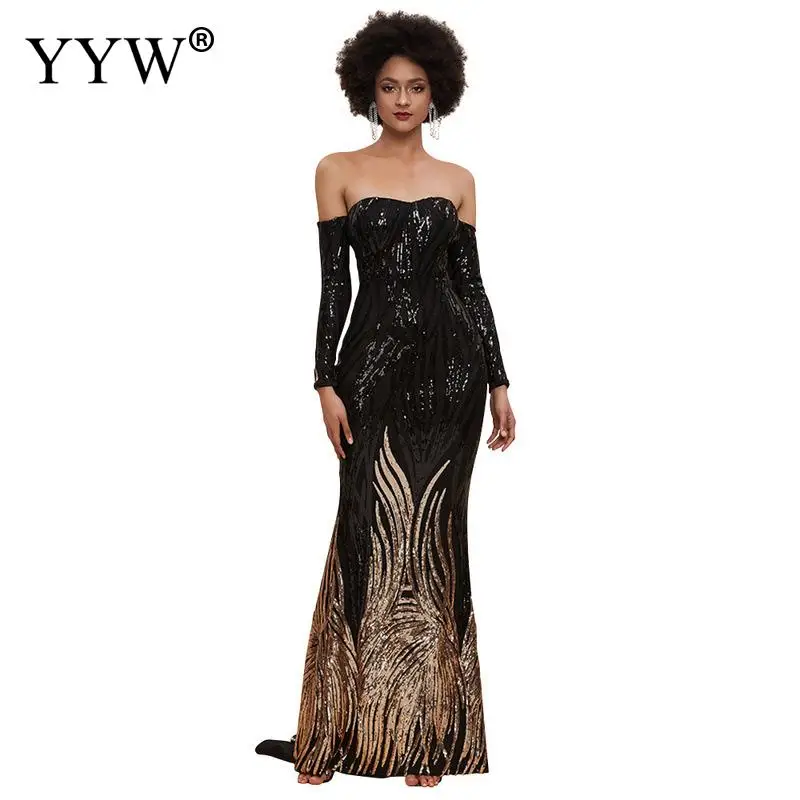 New Off The Shoulder Court Sequins Evening Dresses Geometric Sequined Sweetheart Long Sleeve Floor Length Cocktail Dresses Black