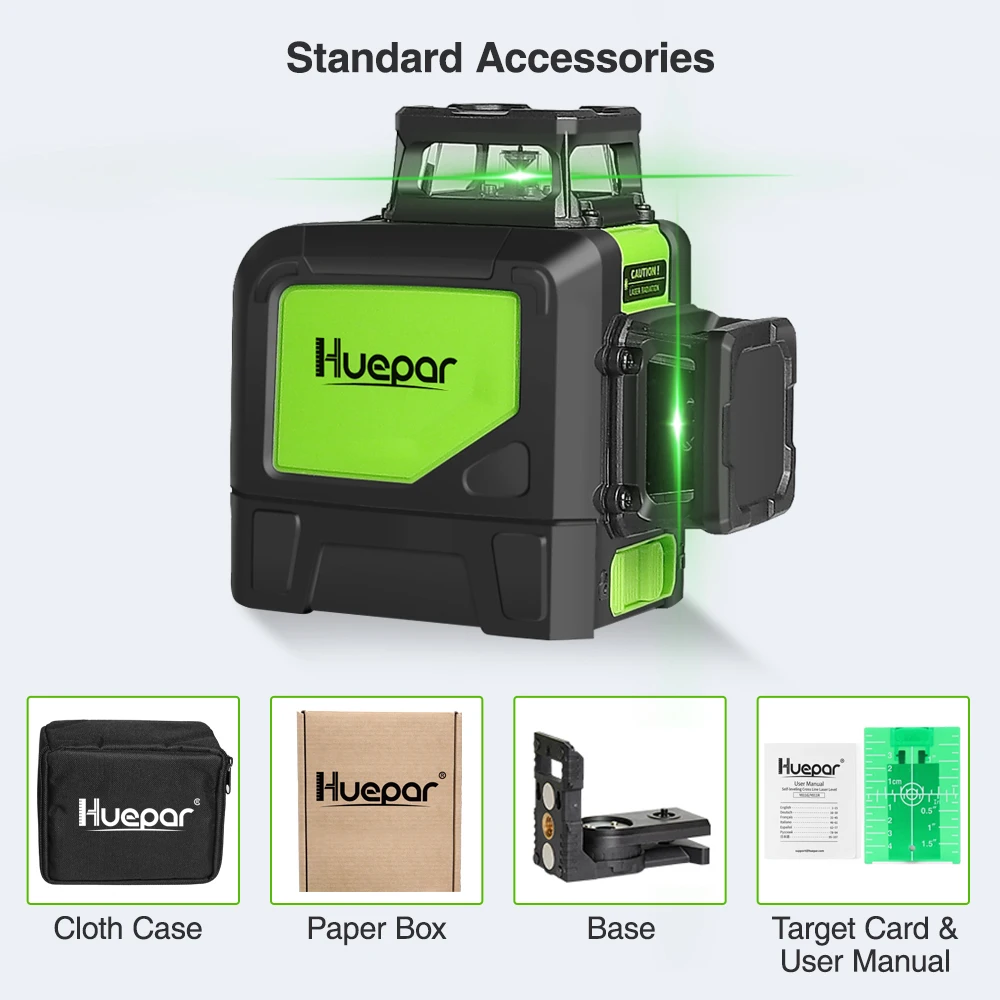 Huepar 902CG Self-Leveling 360° Cross Line Laser Level with Pulse Mode Switchable Horizontal and Vertical Green Beam Laser Tool