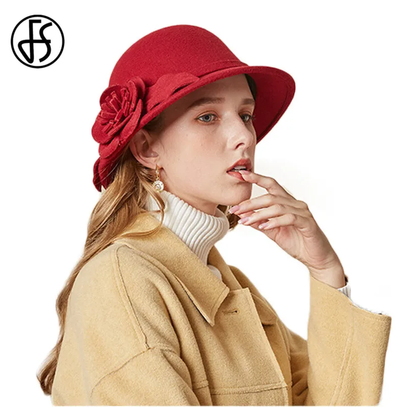 FS 100% Wool Felt Pink Hats For Women Solid Bowler Caps Ladies Winter Red Flower Wide Brim Fedora Hat Chapeau Femme Church Caps