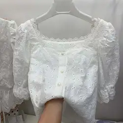 Blusa elegante de encaje bordado para mujer, camisa blanca informal con cuello cuadrado, Estilo Vintage francés, para verano, 2020