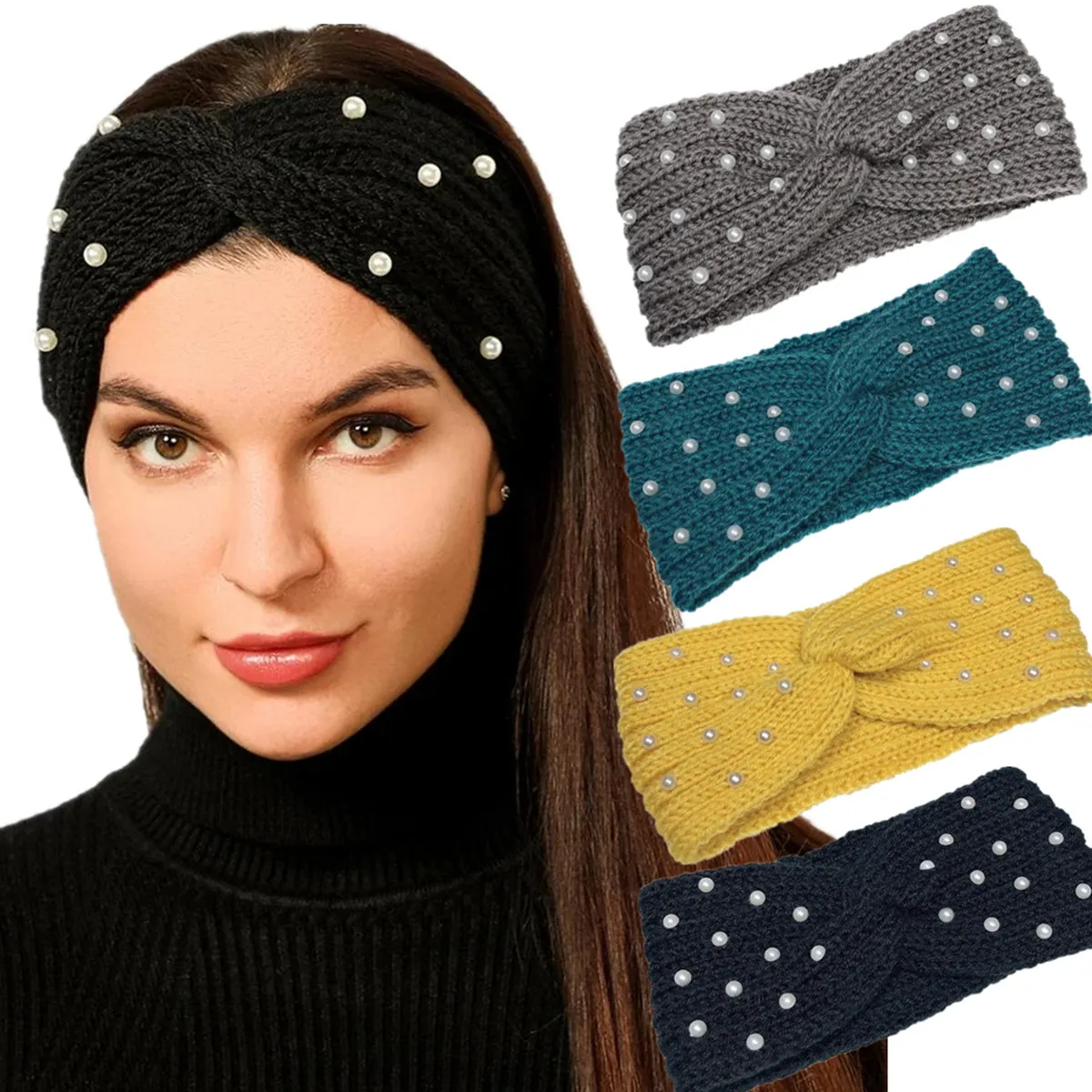 New Pearl Knitted Cross Headbands For Women Girls Handmade Hair Accessories Autumn Winter Headwear Ear Warmer Elastic Hair band